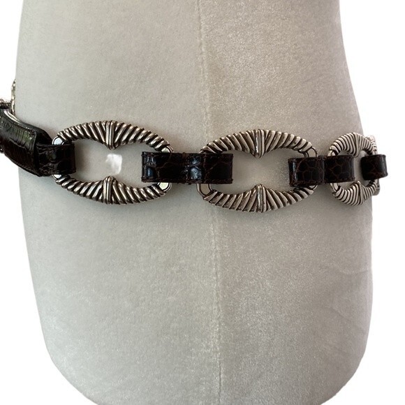 Brighton Patent Moc Croc Leather Embossed Chain Belt Oval Silver Hook Buckle - Picture 3 of 15
